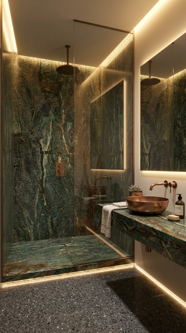 Ducha y vanitorio en roca natural de cobre con lavamanos de cobre