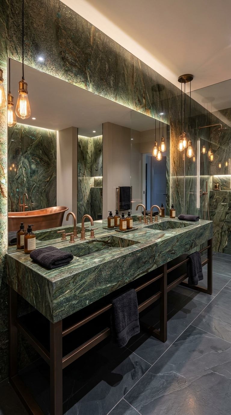 Baño con vanitorio doble y muros en roca natural de cobre, grifería de cobre