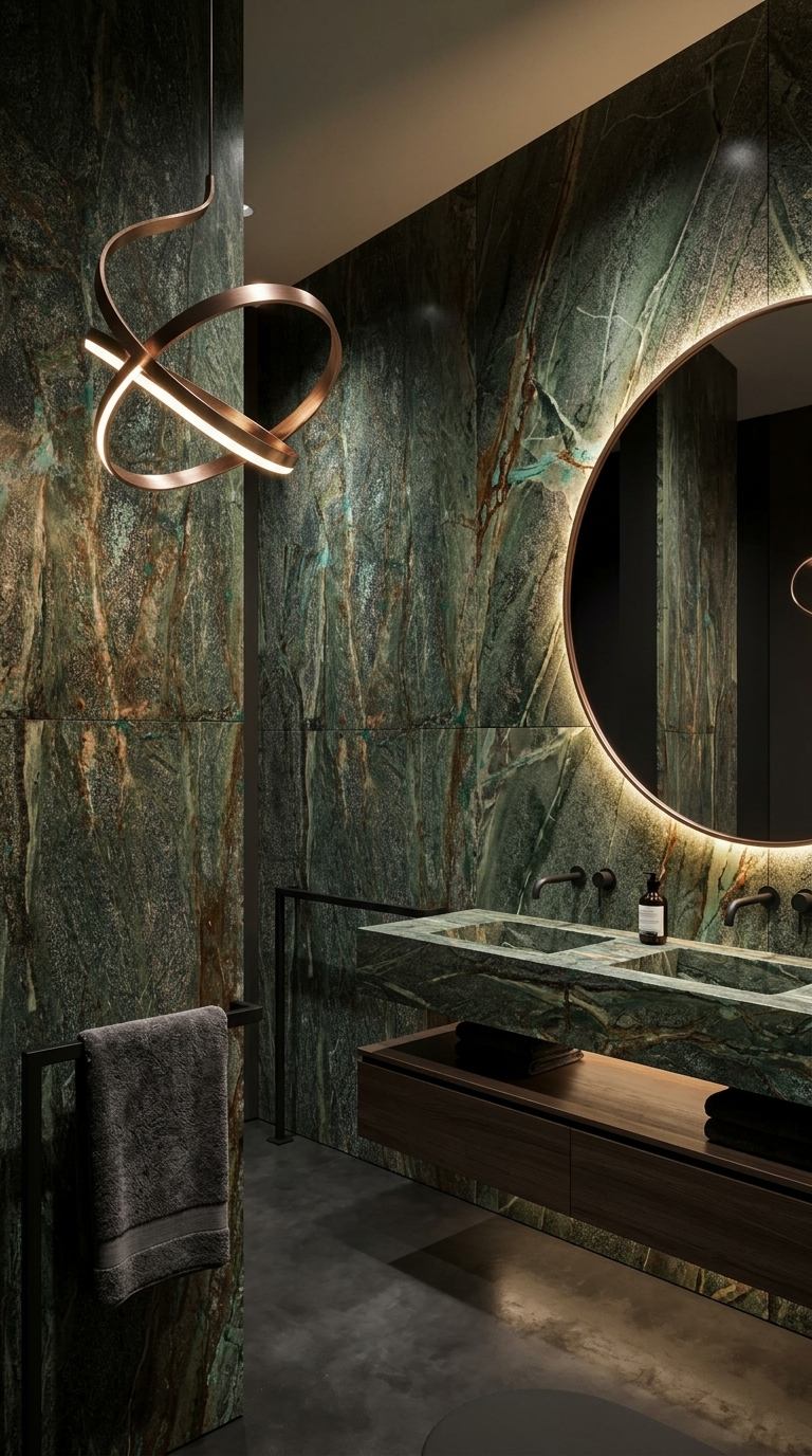 Baño con muro en roca natural de cobre y espejo circular retroiluminado