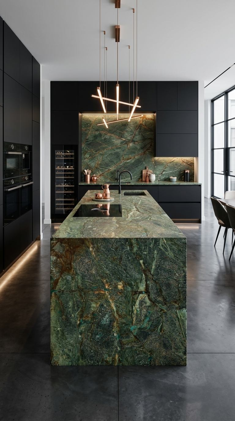 Isla de cocina en roca natural de cobre con muebles negros