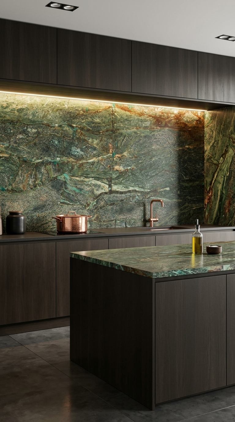 Cocina con muro retroiluminado en roca natural de cobre