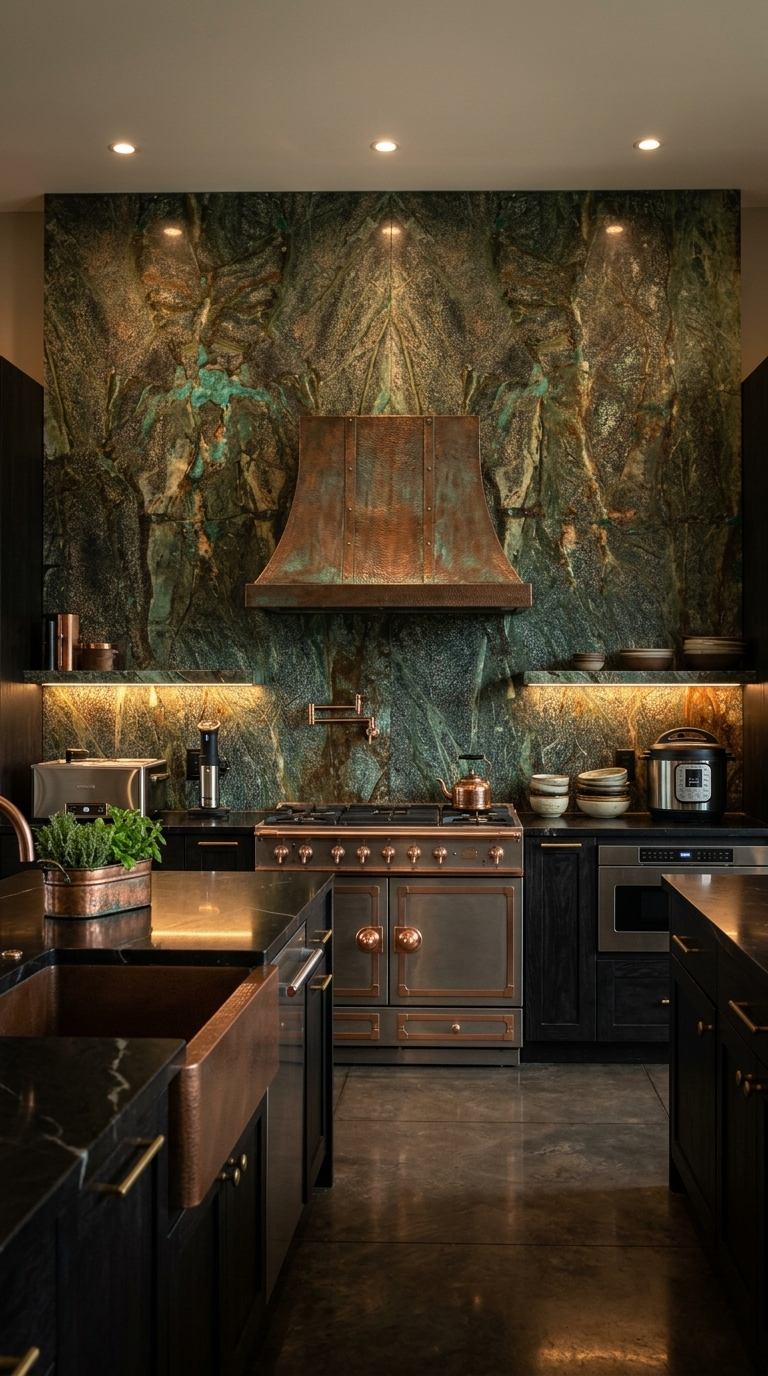 Cocina con muro completo en roca natural de cobre y campana de cobre