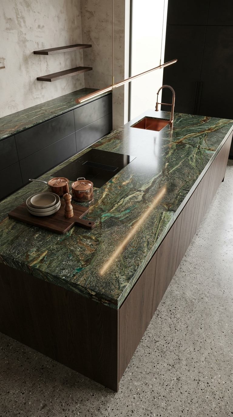 Cubierta de cocina en roca natural de cobre sobre mueble de madera oscura