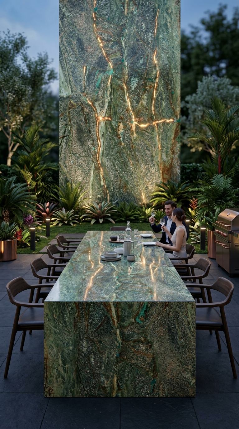 Mesa de comedor exterior y muro iluminado en roca natural de cobre