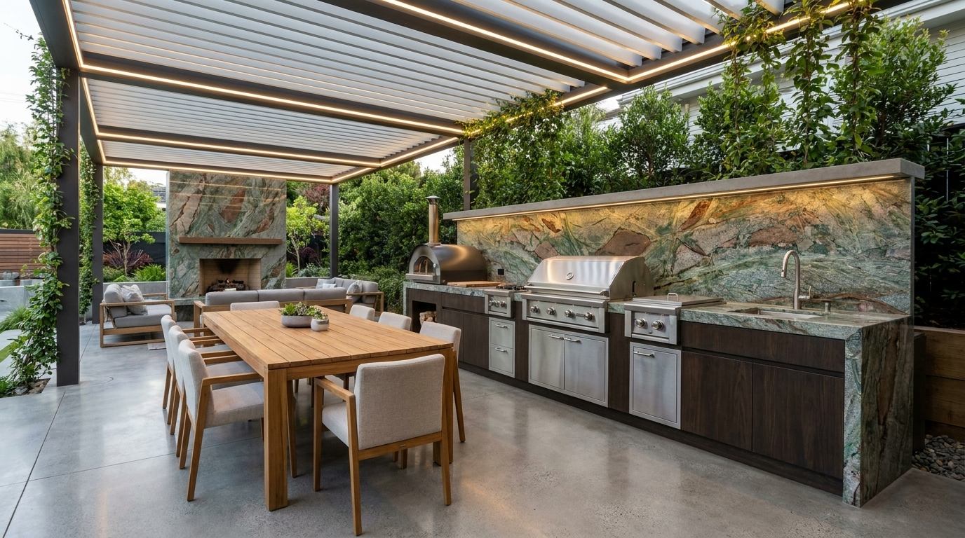 Cocina exterior bajo pérgola con cubiertas y muro en roca natural de cobre