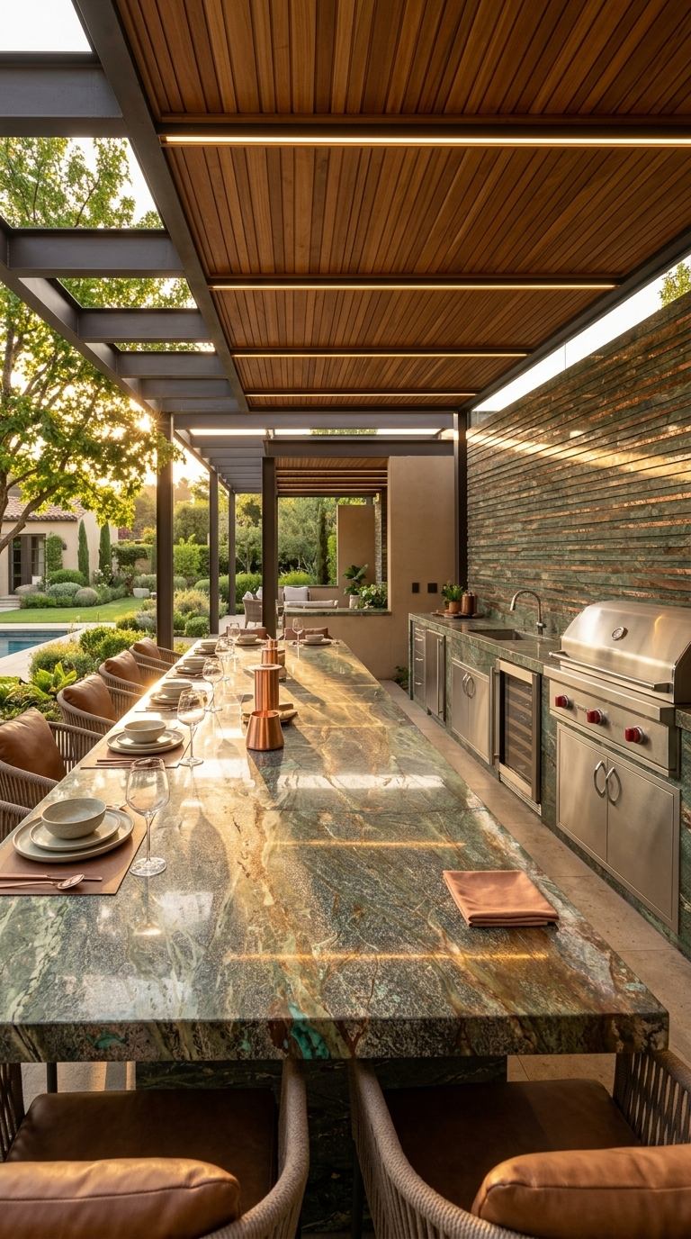 Quincho bajo pérgola con mesa larga en roca natural de cobre