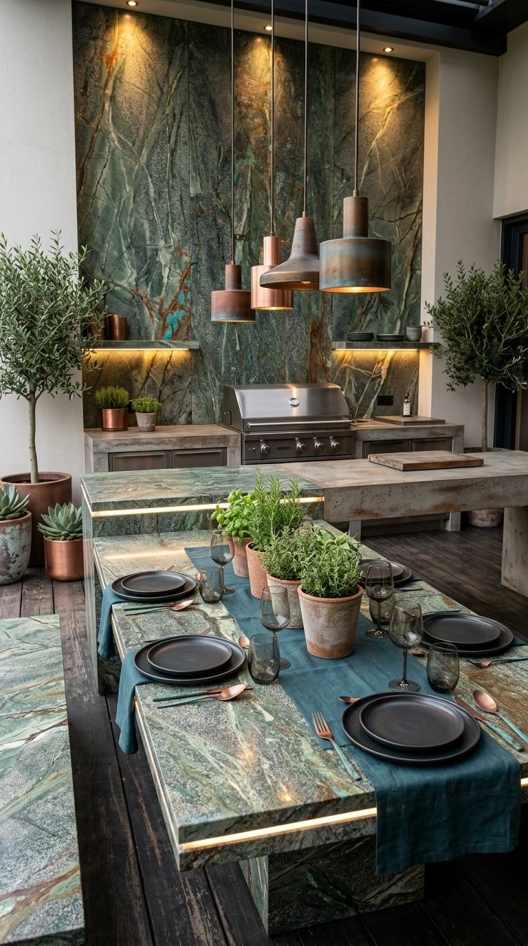 Terraza con mesa y muro en roca natural de cobre y lámparas de cobre
